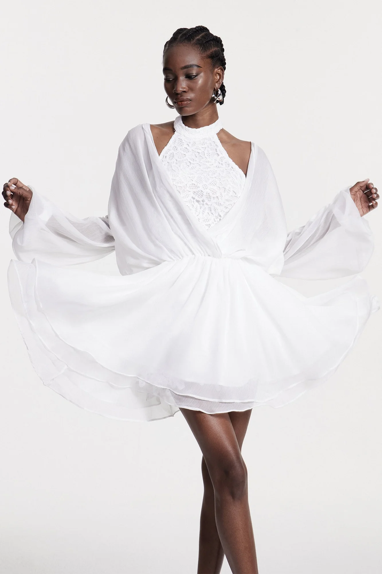 White Embroidered Cowl Neck Mini Dress