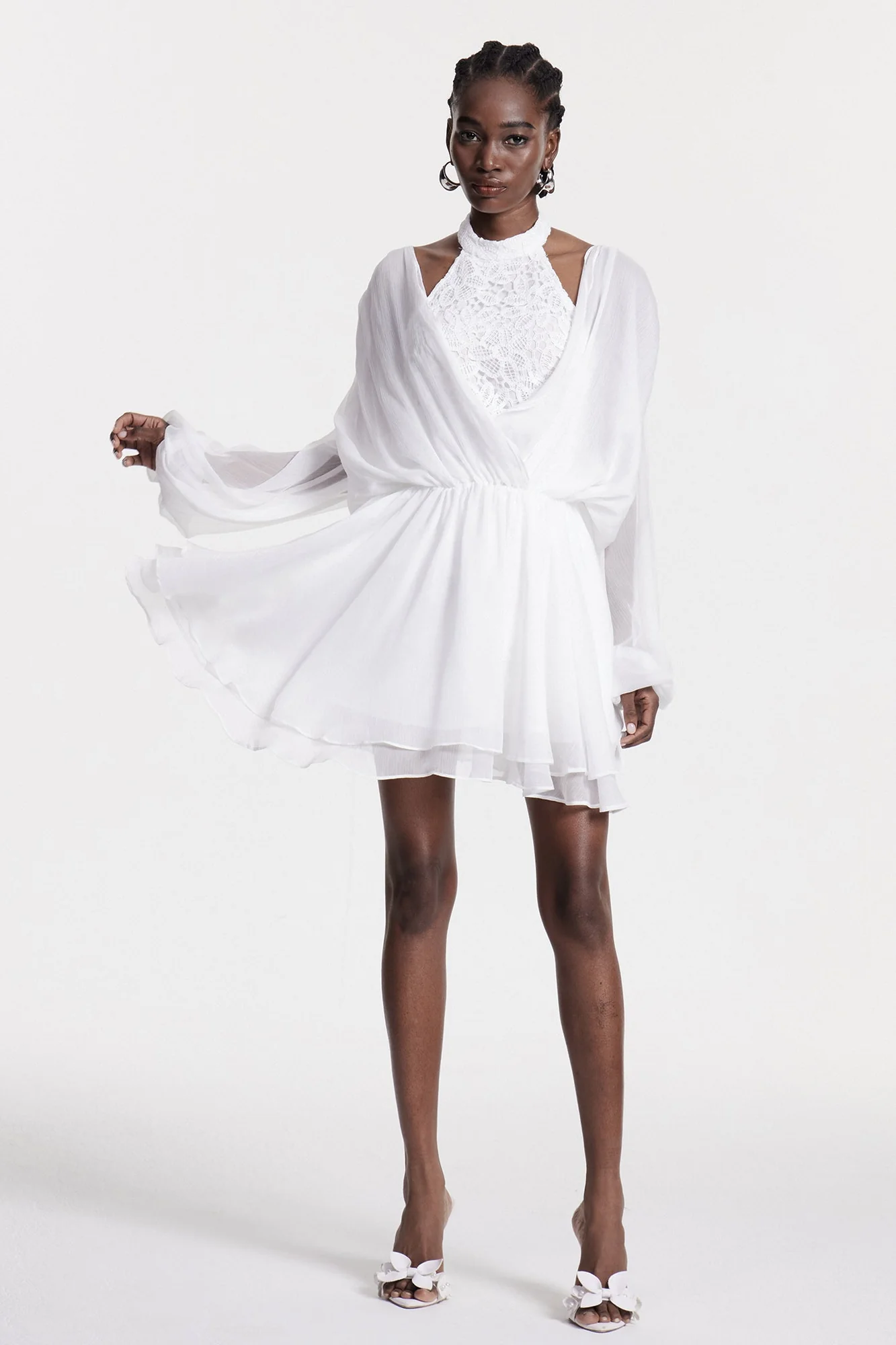 White Embroidered Cowl Neck Mini Dress