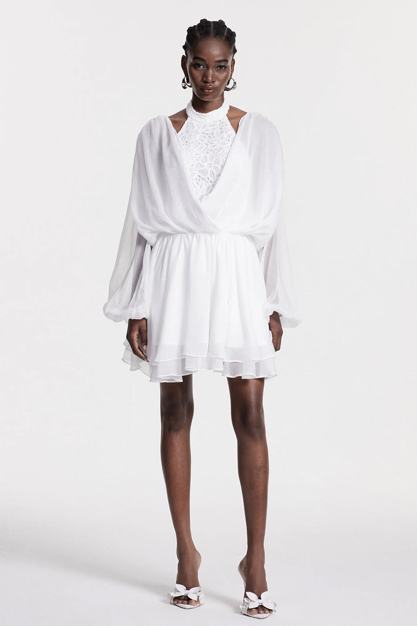 White Embroidered Cowl Neck Mini Dress