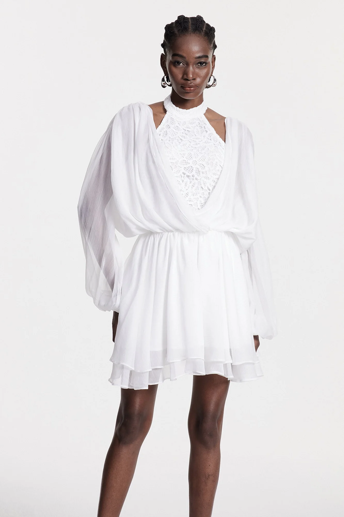 White Embroidered Cowl Neck Mini Dress