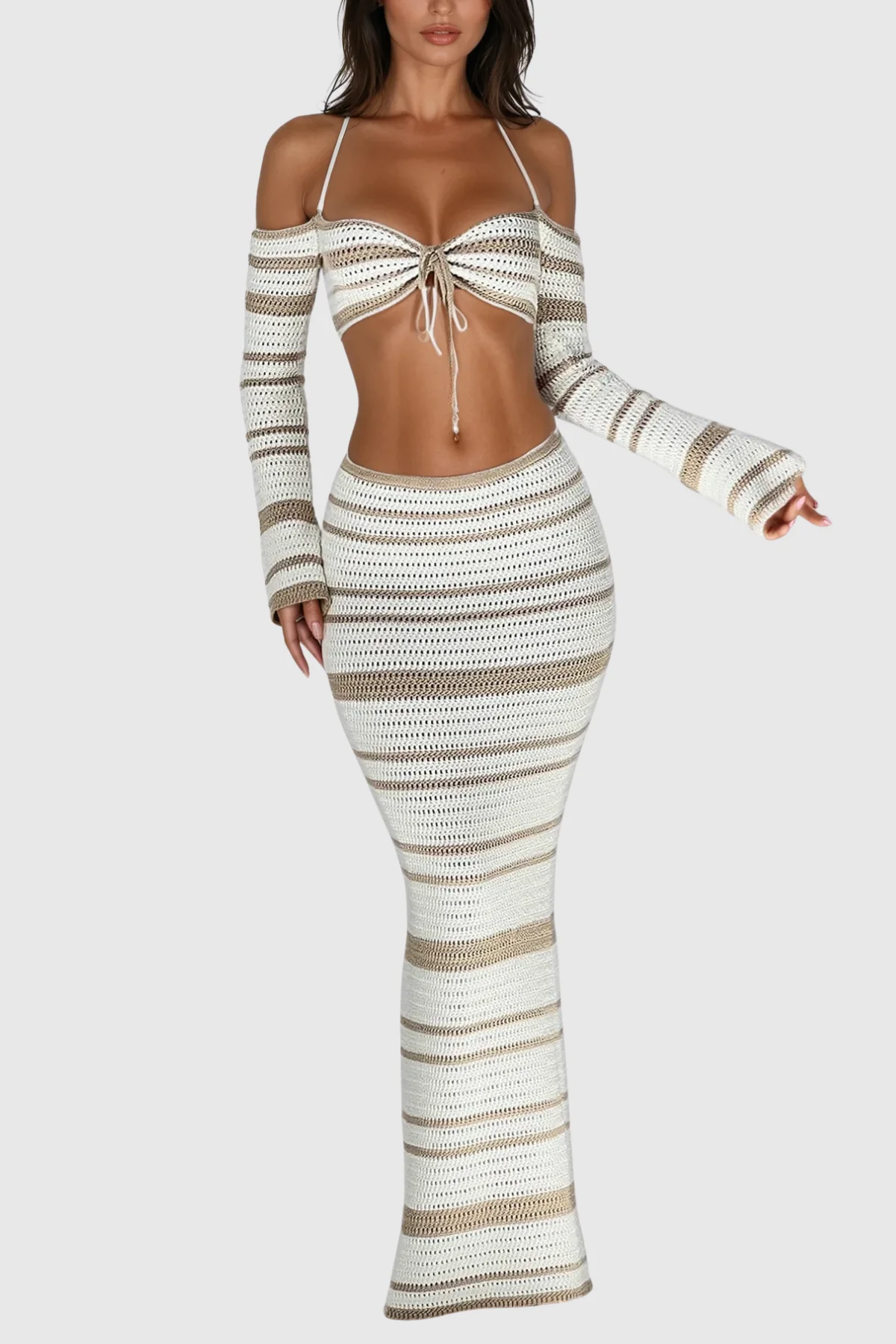 Khaki Knit Stripe Skirt Set - Versatile & Sophisticated