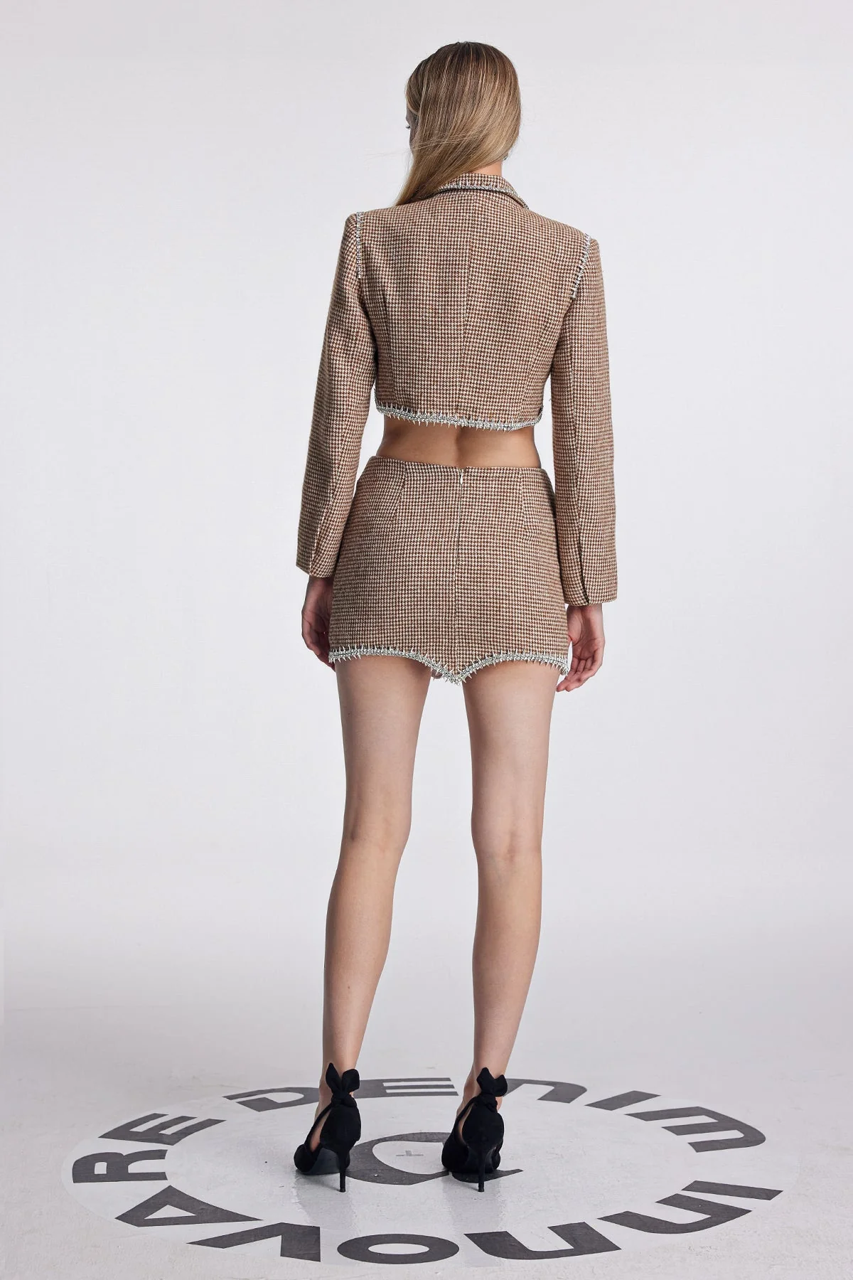 Rhinestone Lapel Skirt Set in Brown - Glamorous Set for Fashion Enthusiasts