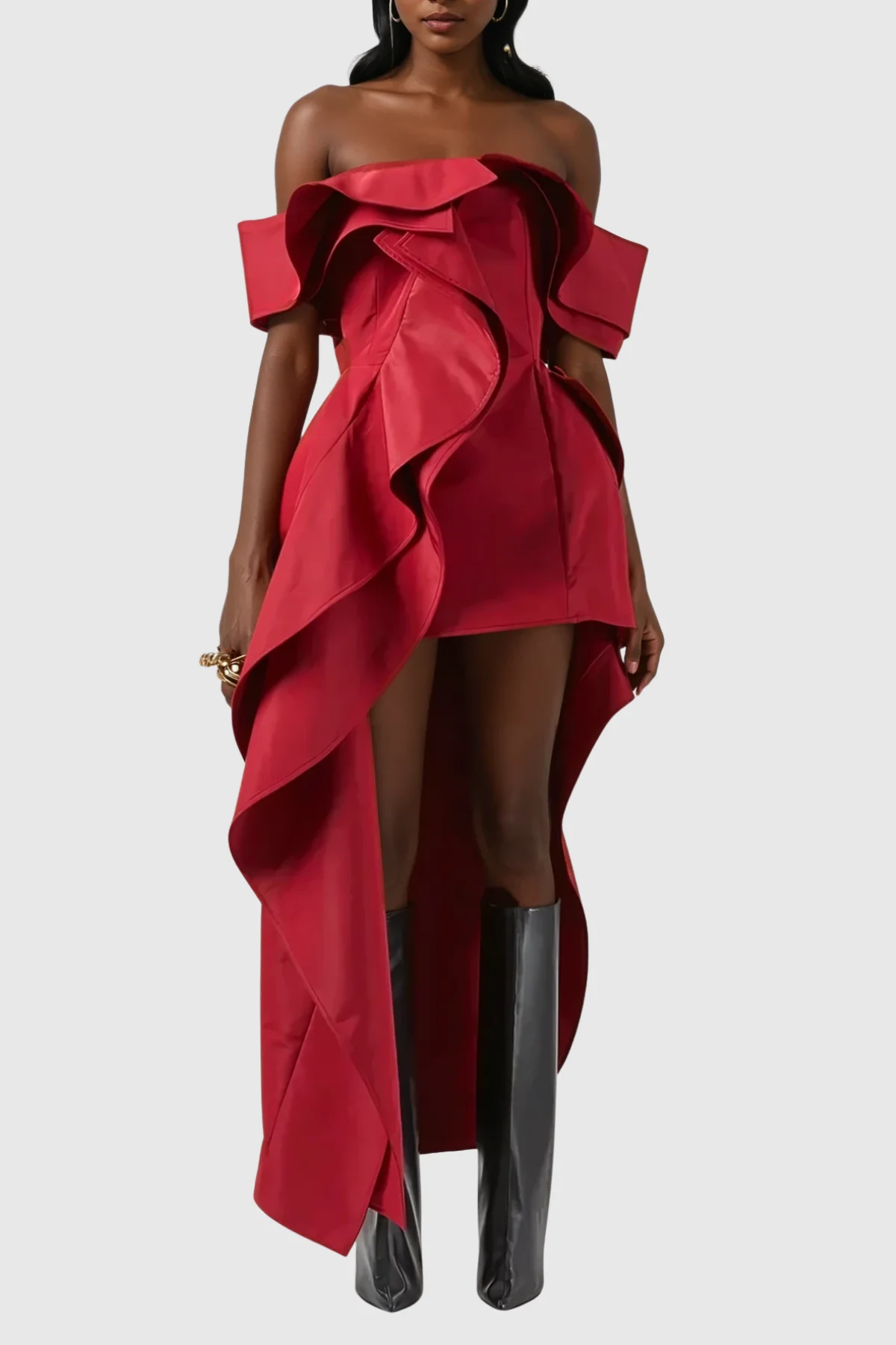 Red Asymmetric Ruffle Maxi Dress