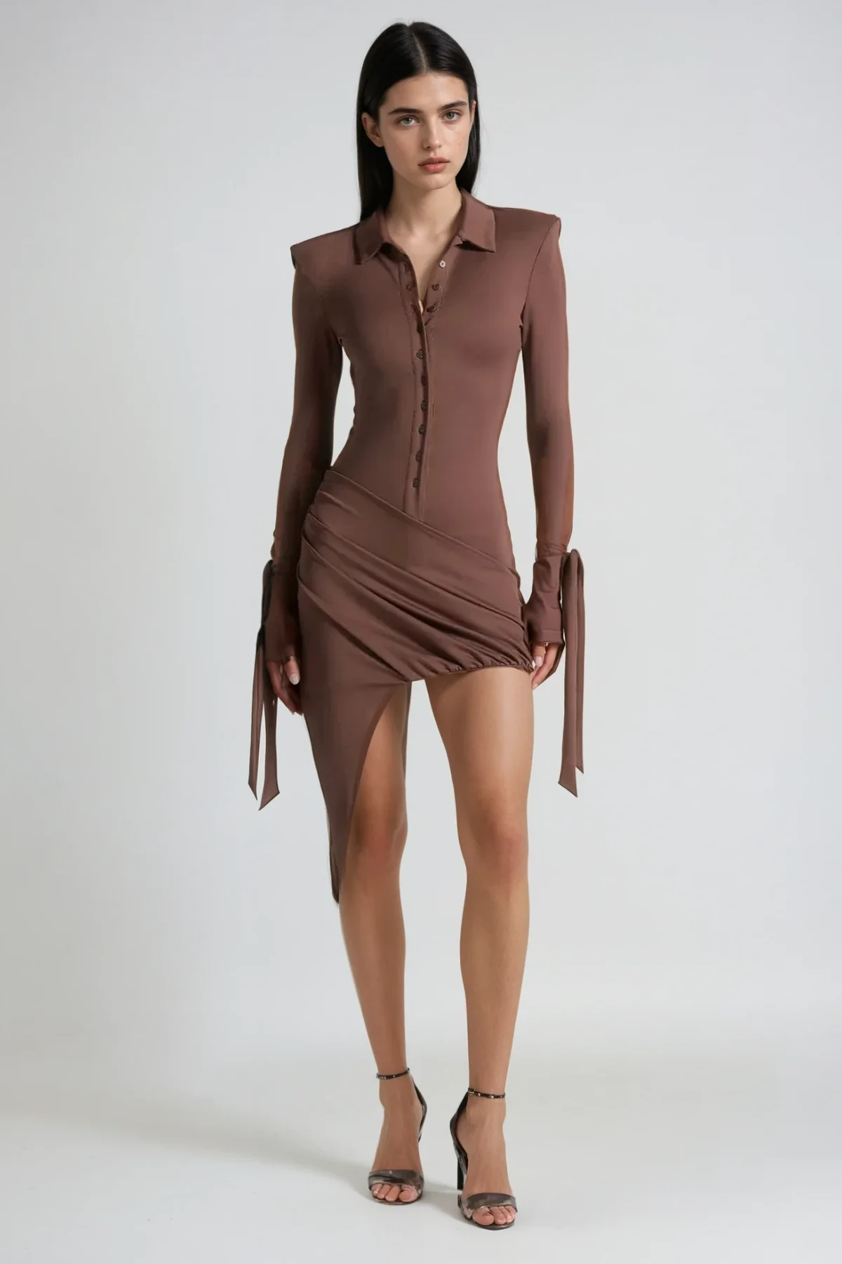 Brown Asymmetric Ruch Mini Dress