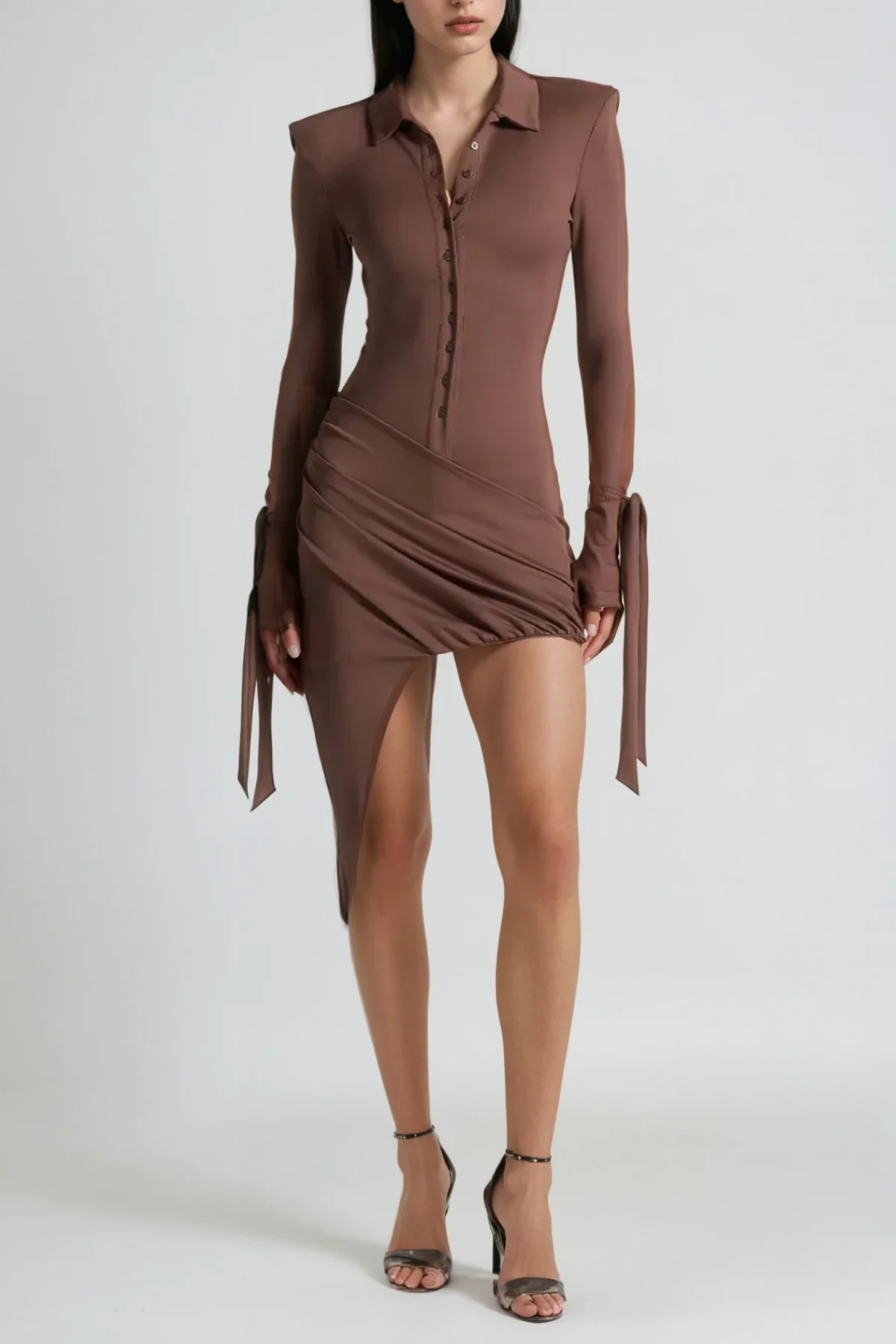 Brown Asymmetric Ruch Mini Dress
