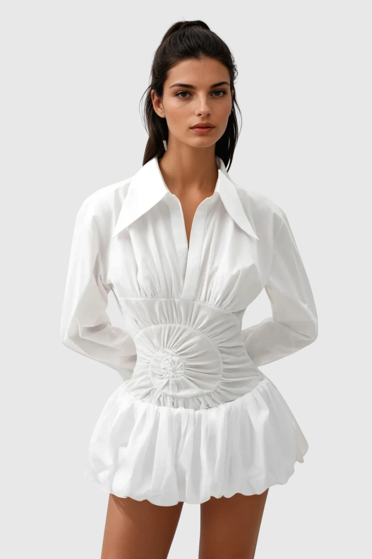 White Ruched Mini Shirt Dress