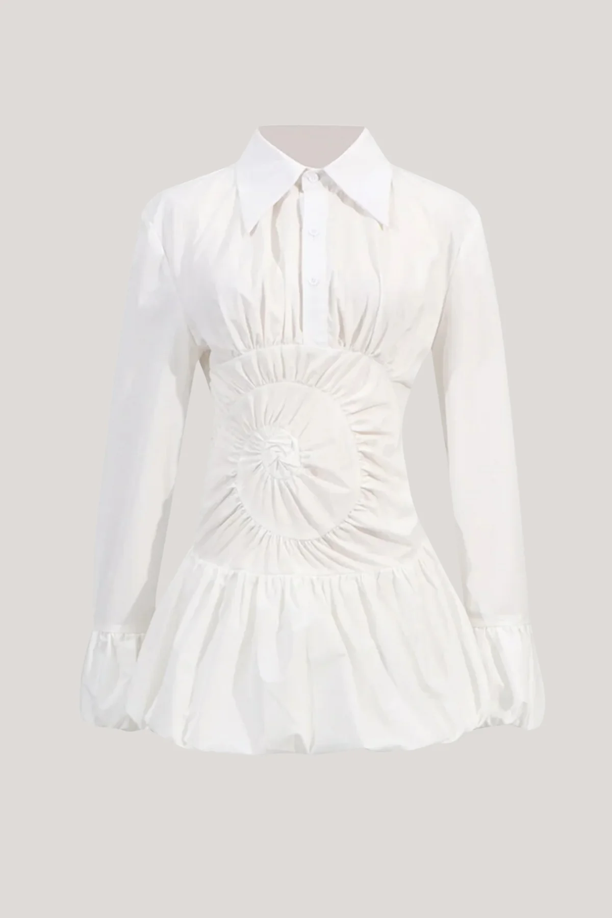 White Ruched Mini Shirt Dress