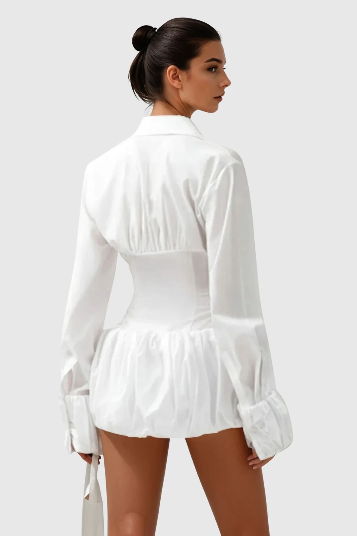 White Ruched Mini Shirt Dress