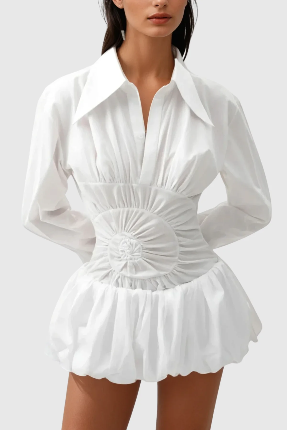 White Ruched Mini Shirt Dress