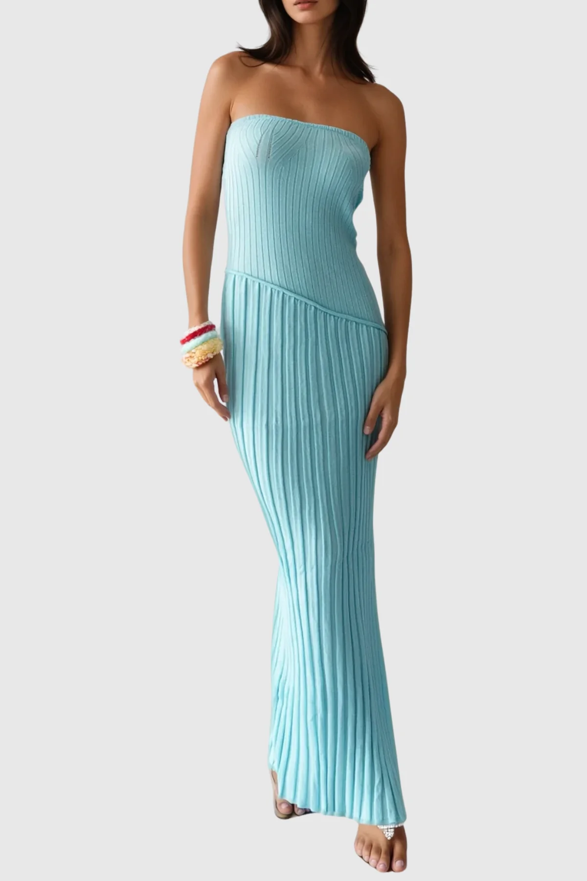 Chic Striped Knit Maxi Dress - Elegant Strapless Style