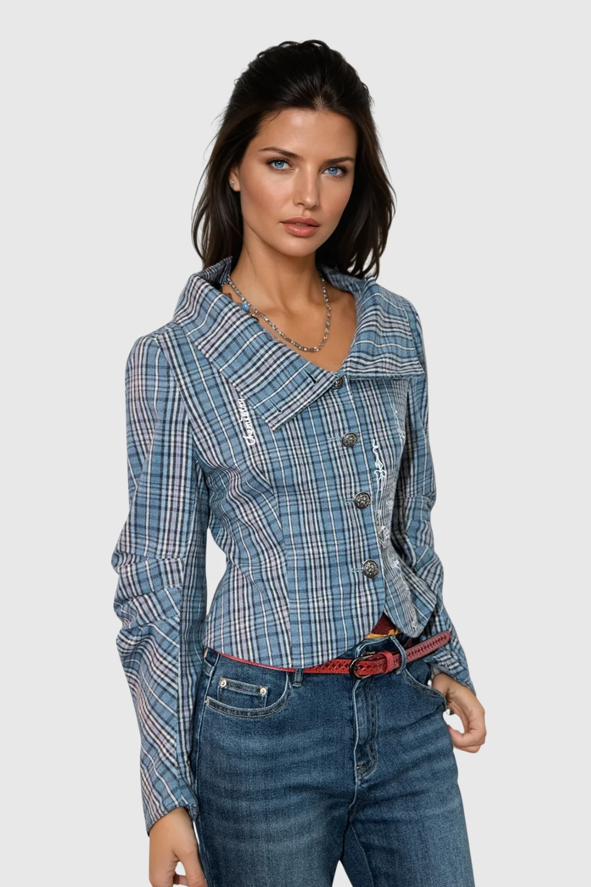 Grid Pattern Tailored Blazer in Blue Color