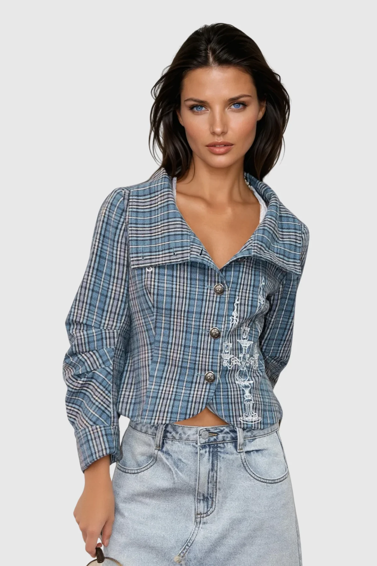 Grid Pattern Tailored Blazer in Blue Color