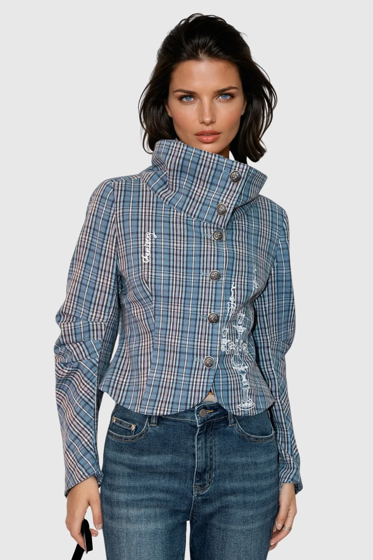 Grid Pattern Tailored Blazer in Blue Color