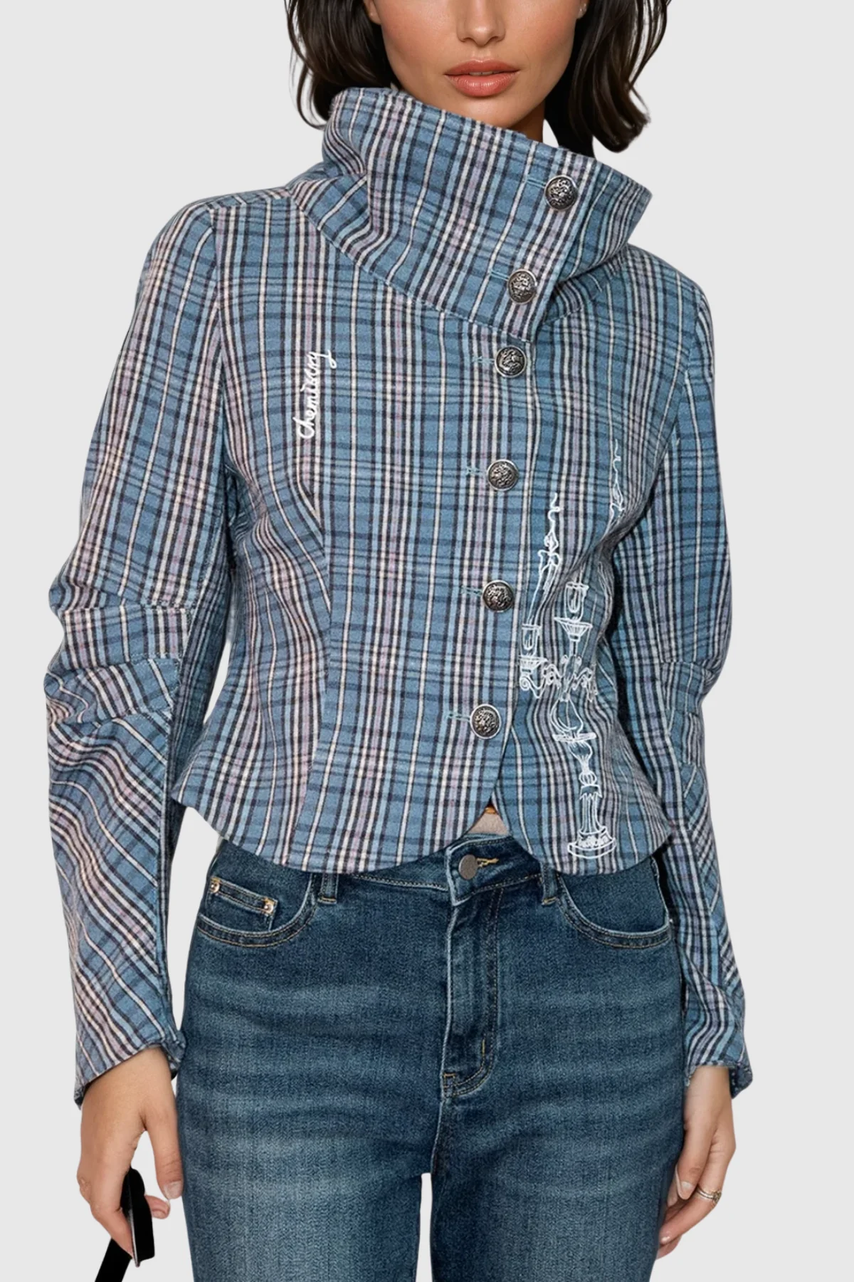 Grid Pattern Tailored Blazer in Blue Color