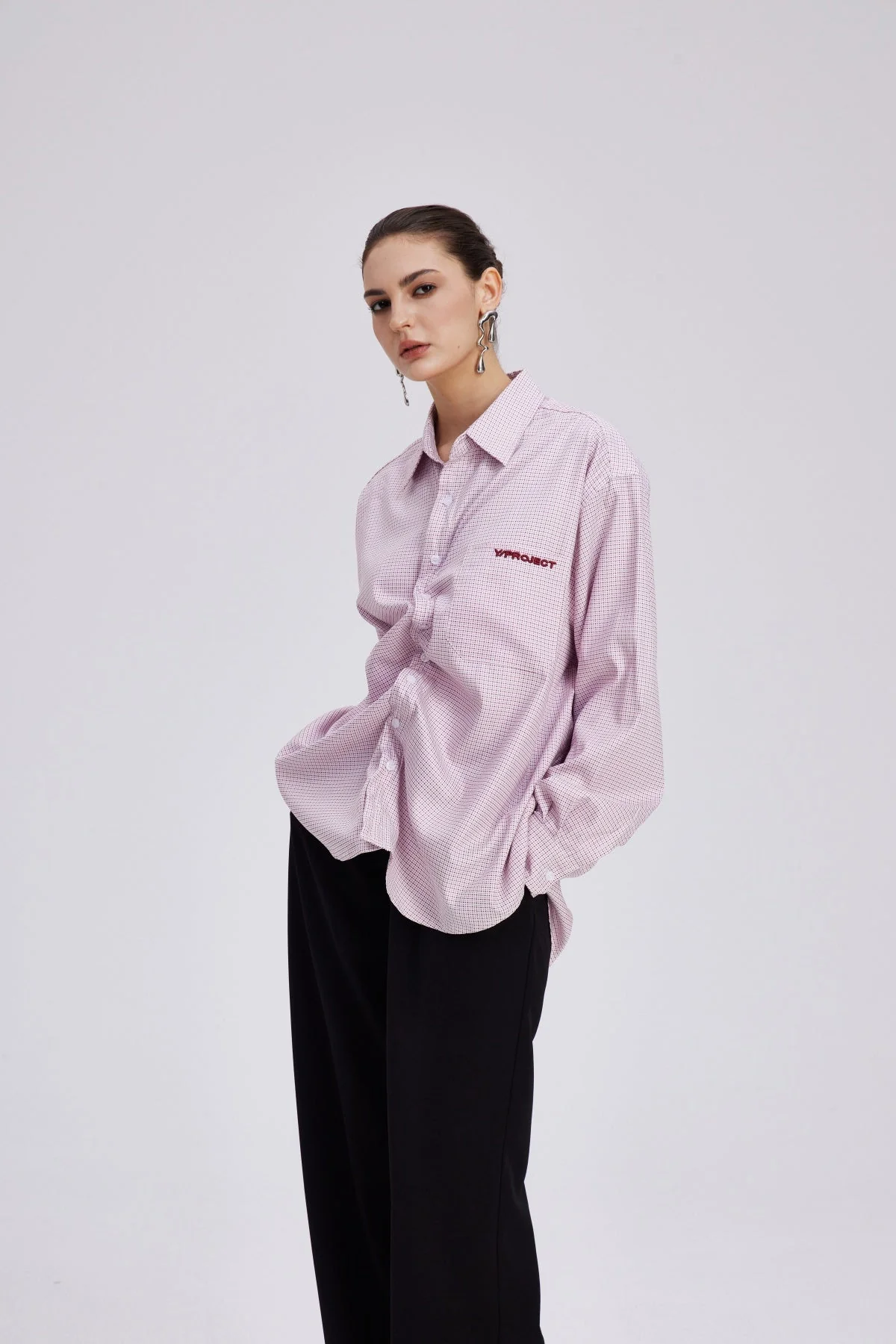 Pink Grid Pattern Ruched Shirt for Women