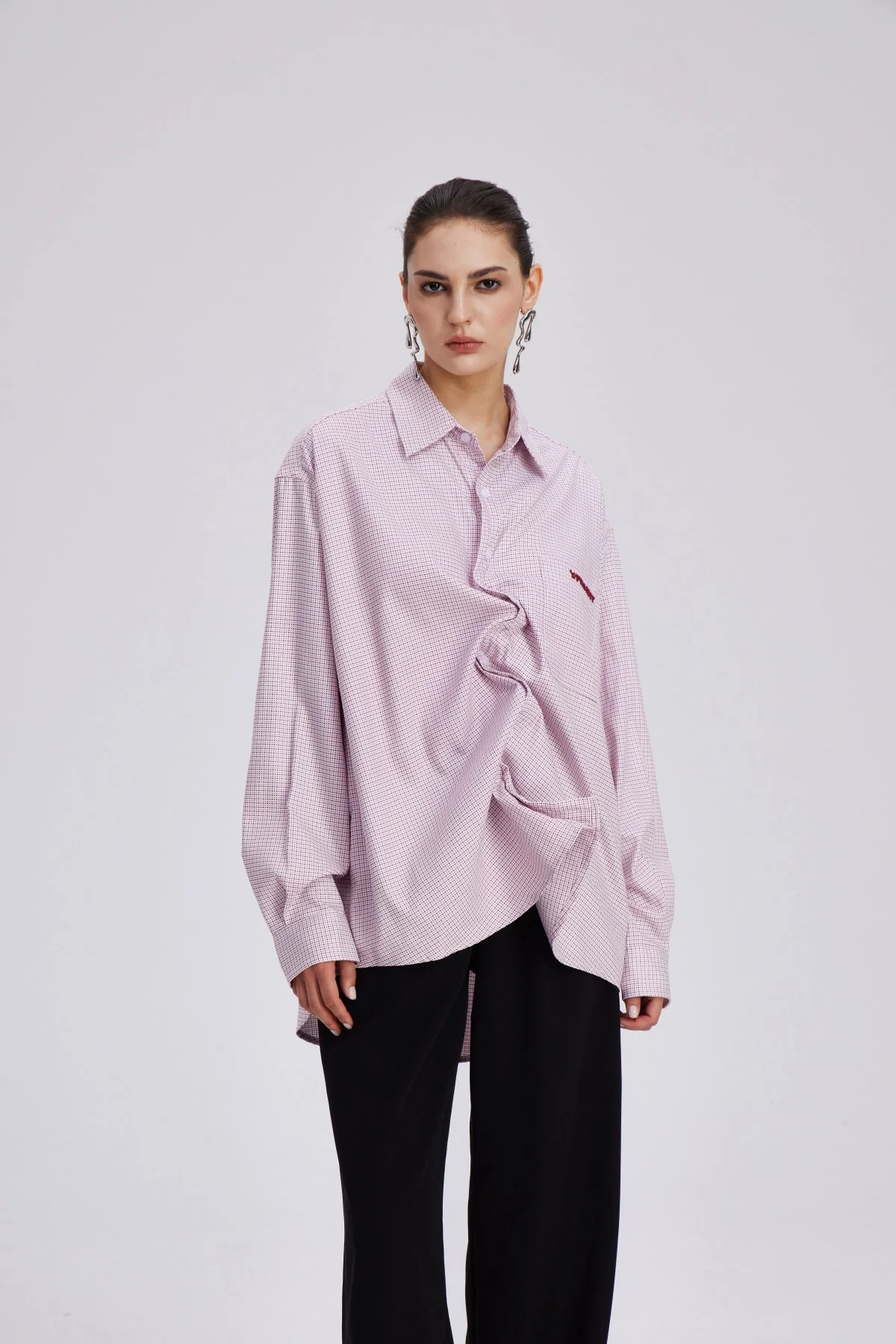 Pink Grid Pattern Ruched Shirt for Women