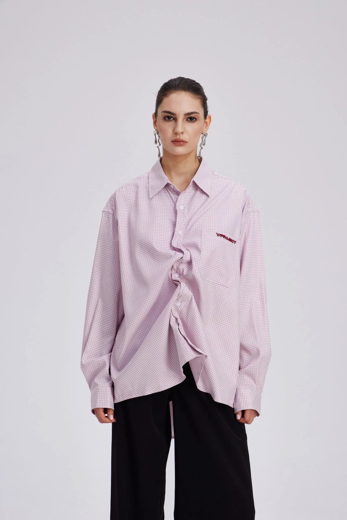 Pink Grid Pattern Ruched Shirt for Women
