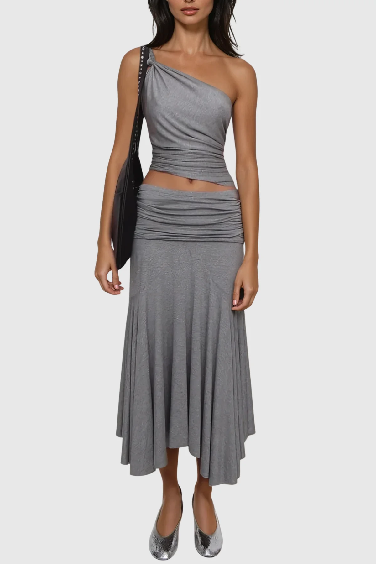 Chic One Shoulder Ruched Asymmetric Skirt Set