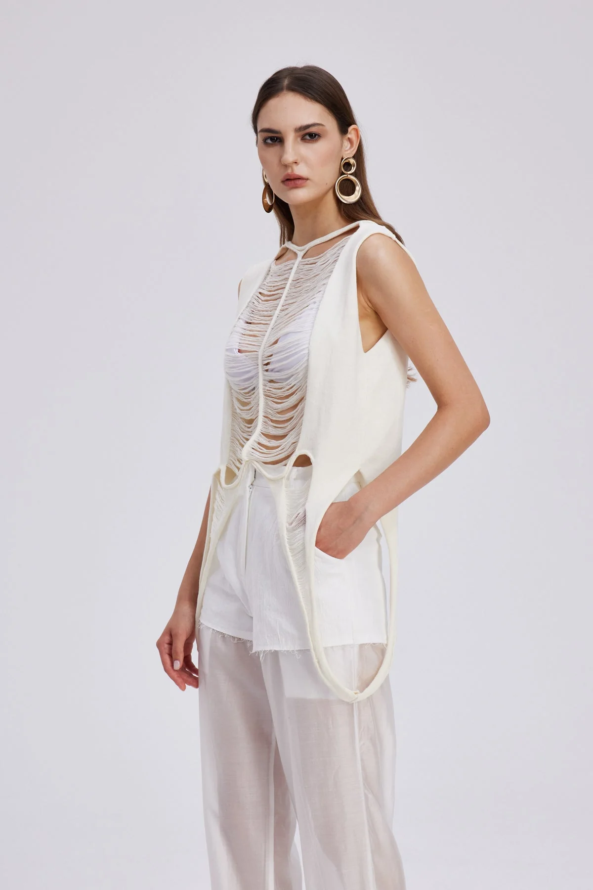 White Cutout Sleeveless Top for Women