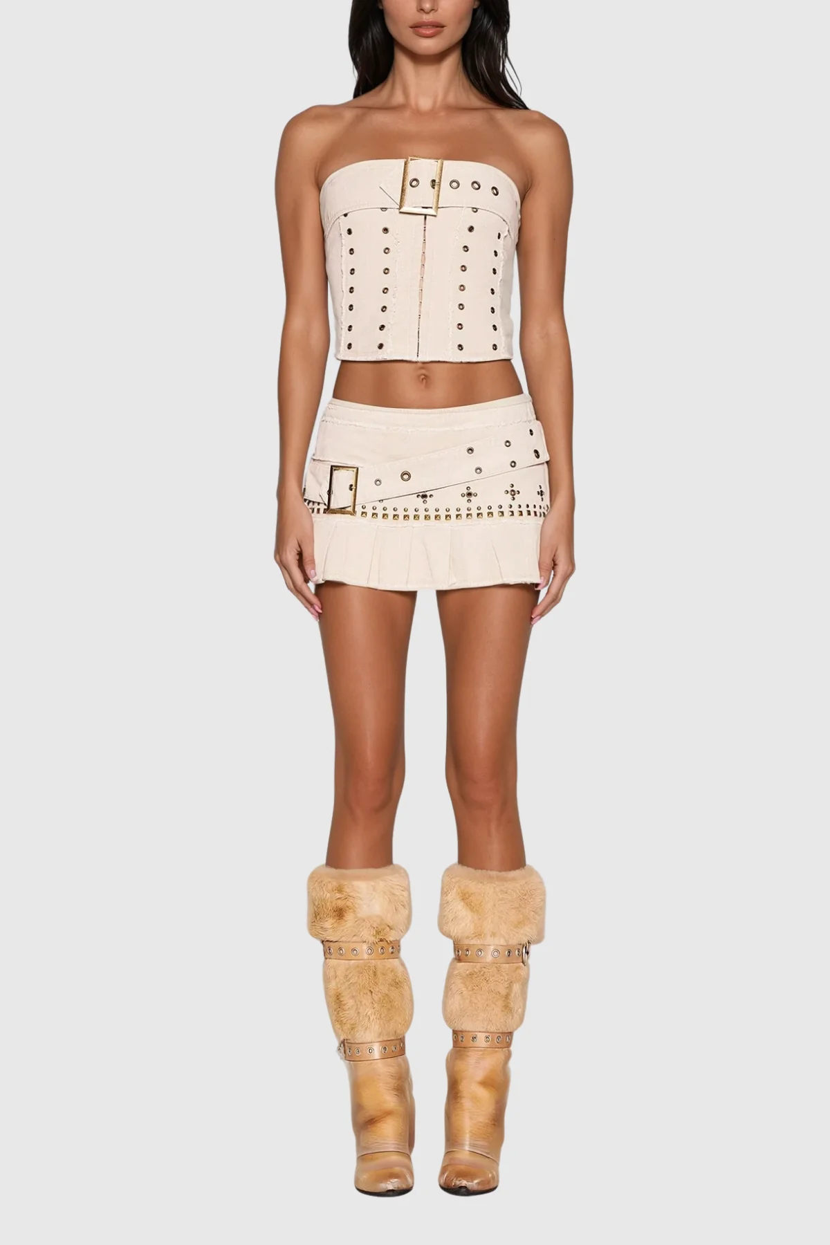 White Embellished Buckle Skirt Set