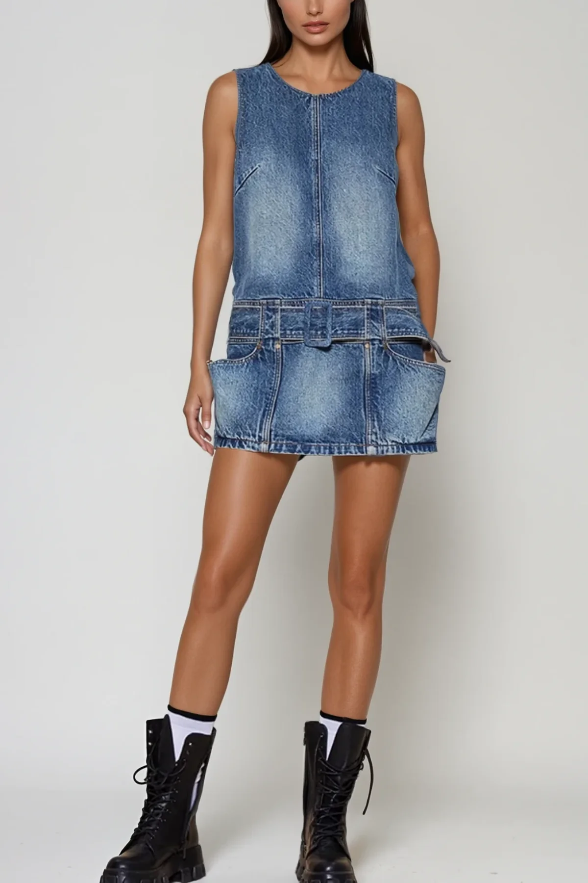 Sleeveless Mini Denim Dress in Blue - Urban Edge Chic Style