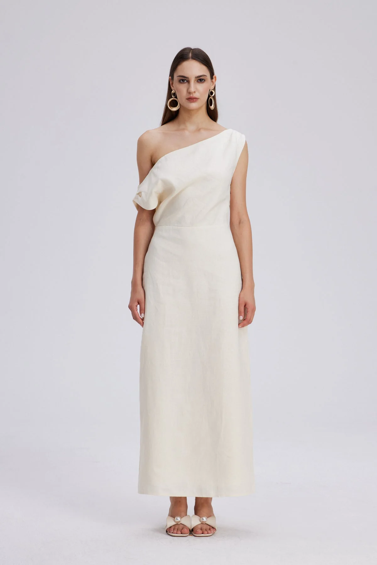 Apricot One Shoulder Ruch Maxi Dress