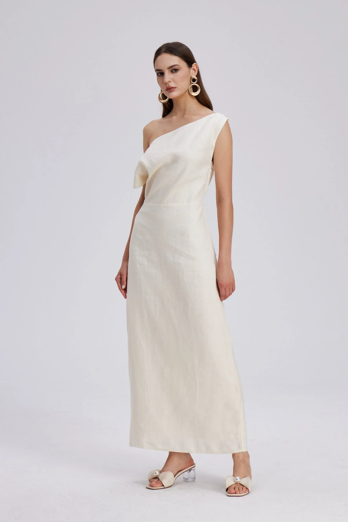 Apricot One Shoulder Ruch Maxi Dress
