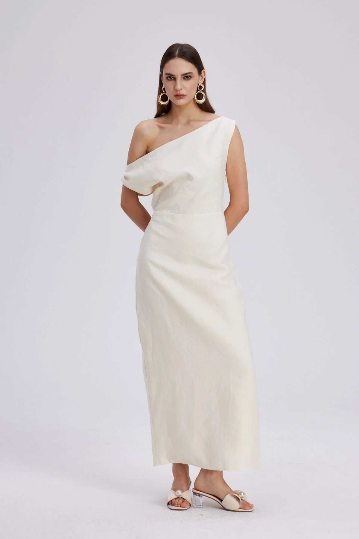 Apricot One Shoulder Ruch Maxi Dress