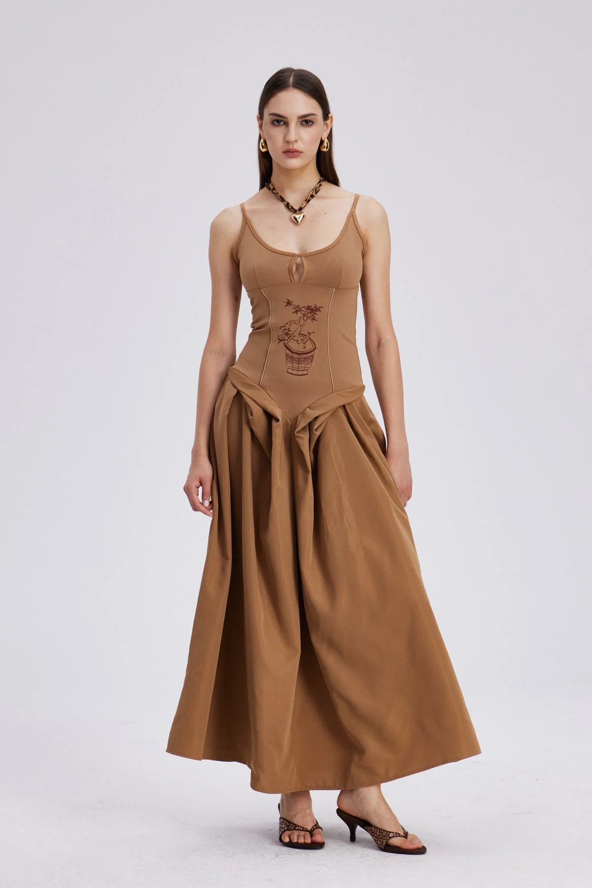 Brown Ruched Spaghetti Strap Maxi Dress