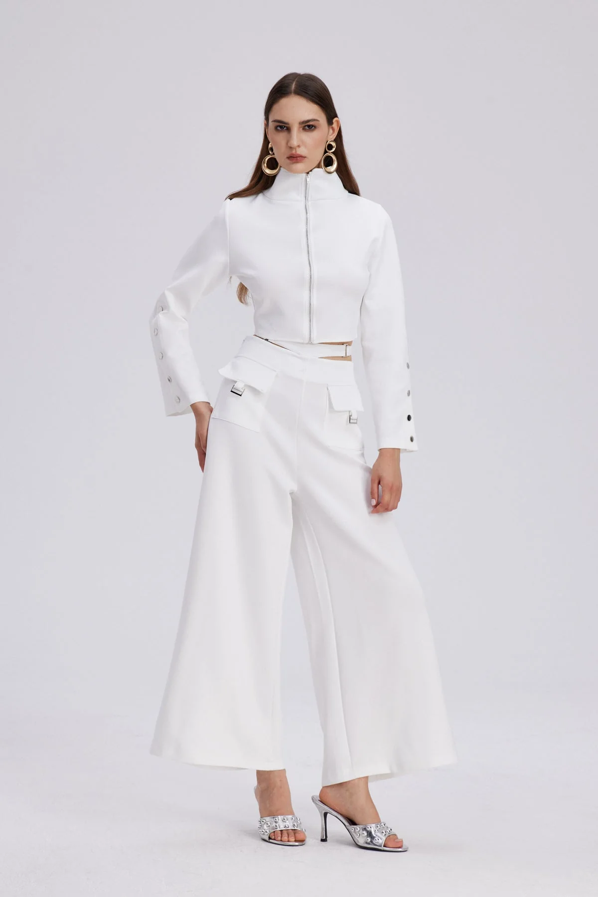 Cutout Embellished White Pant Set