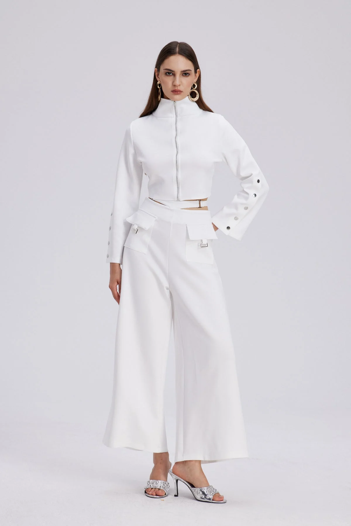 Cutout Embellished White Pant Set