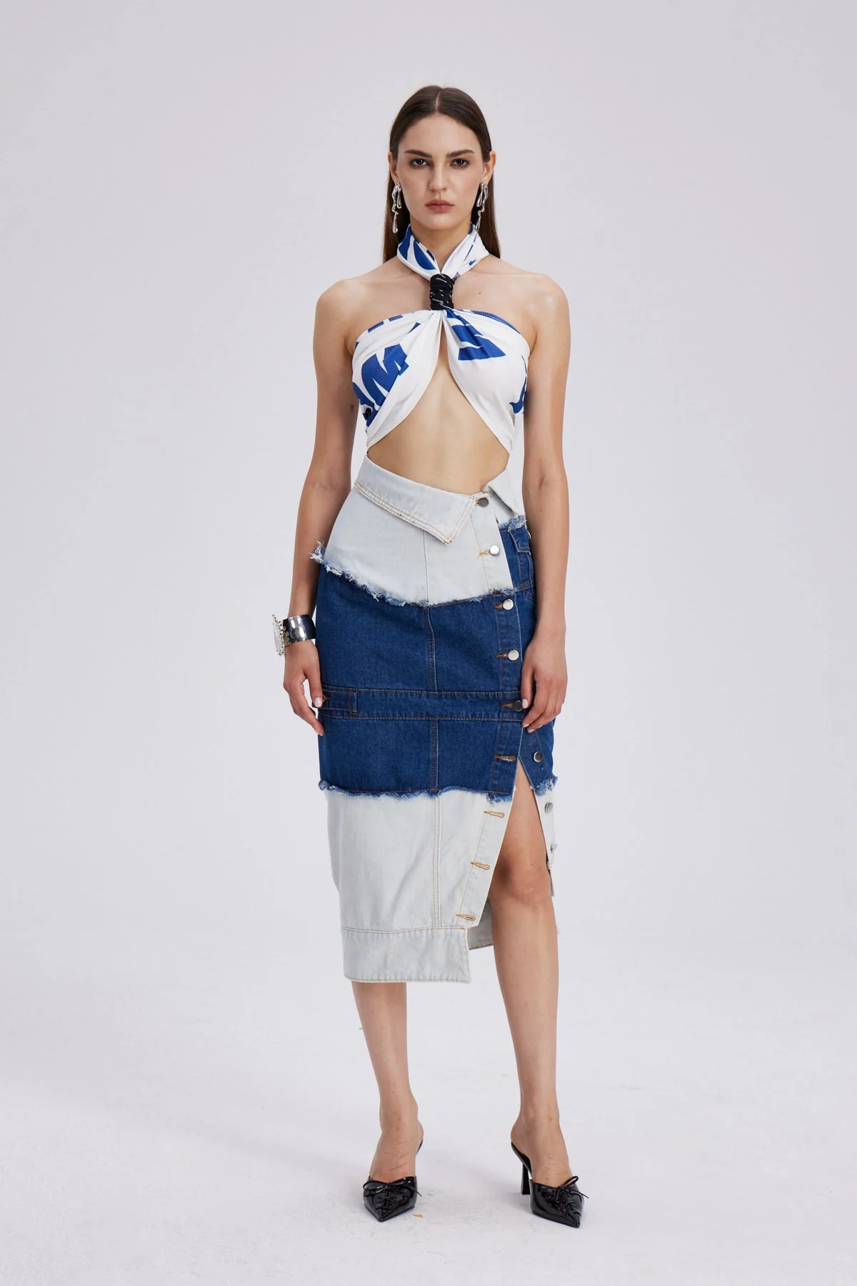 Asymmetric Blue Denim Maxi Skirt