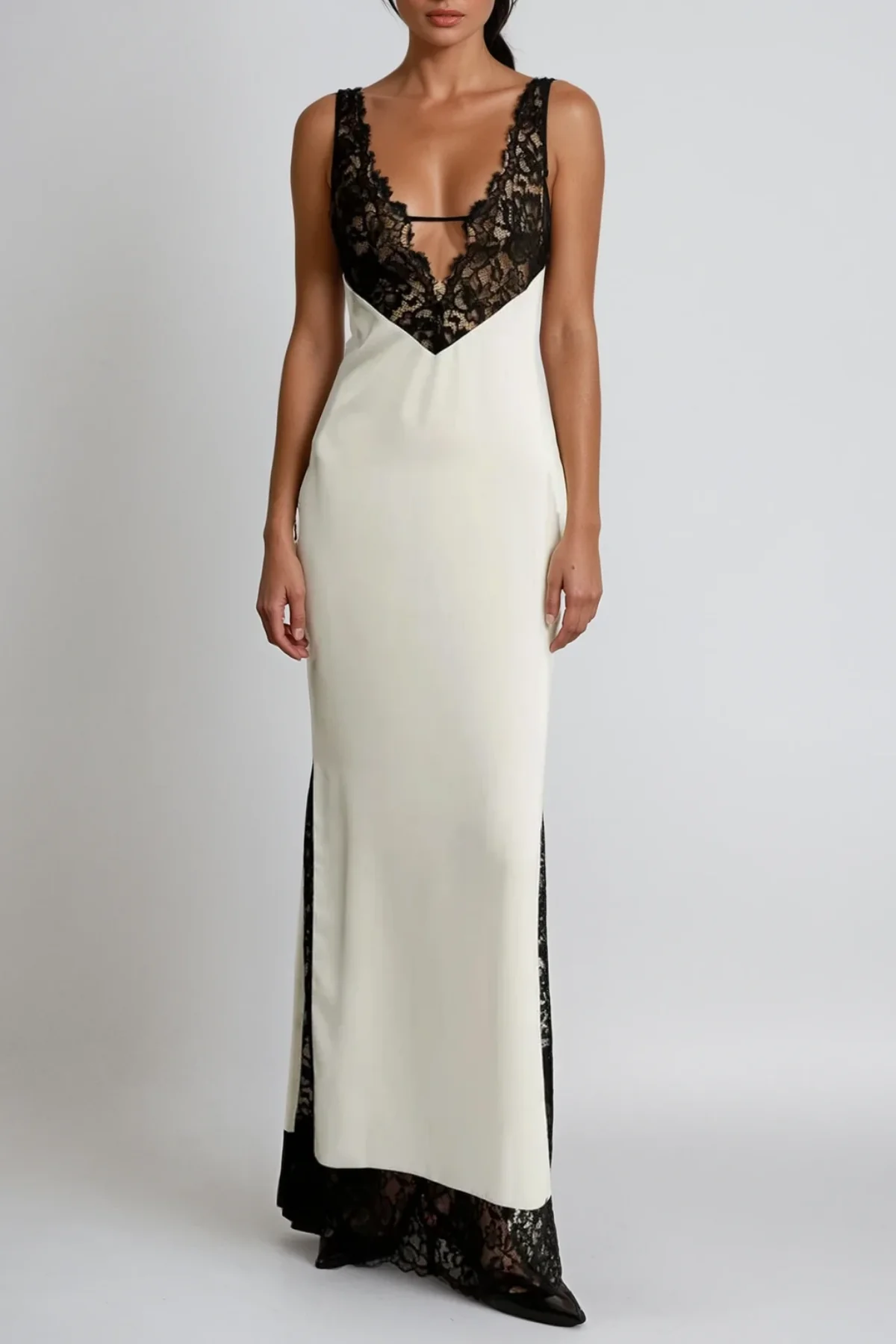 White Lace Plunge Maxi Dress