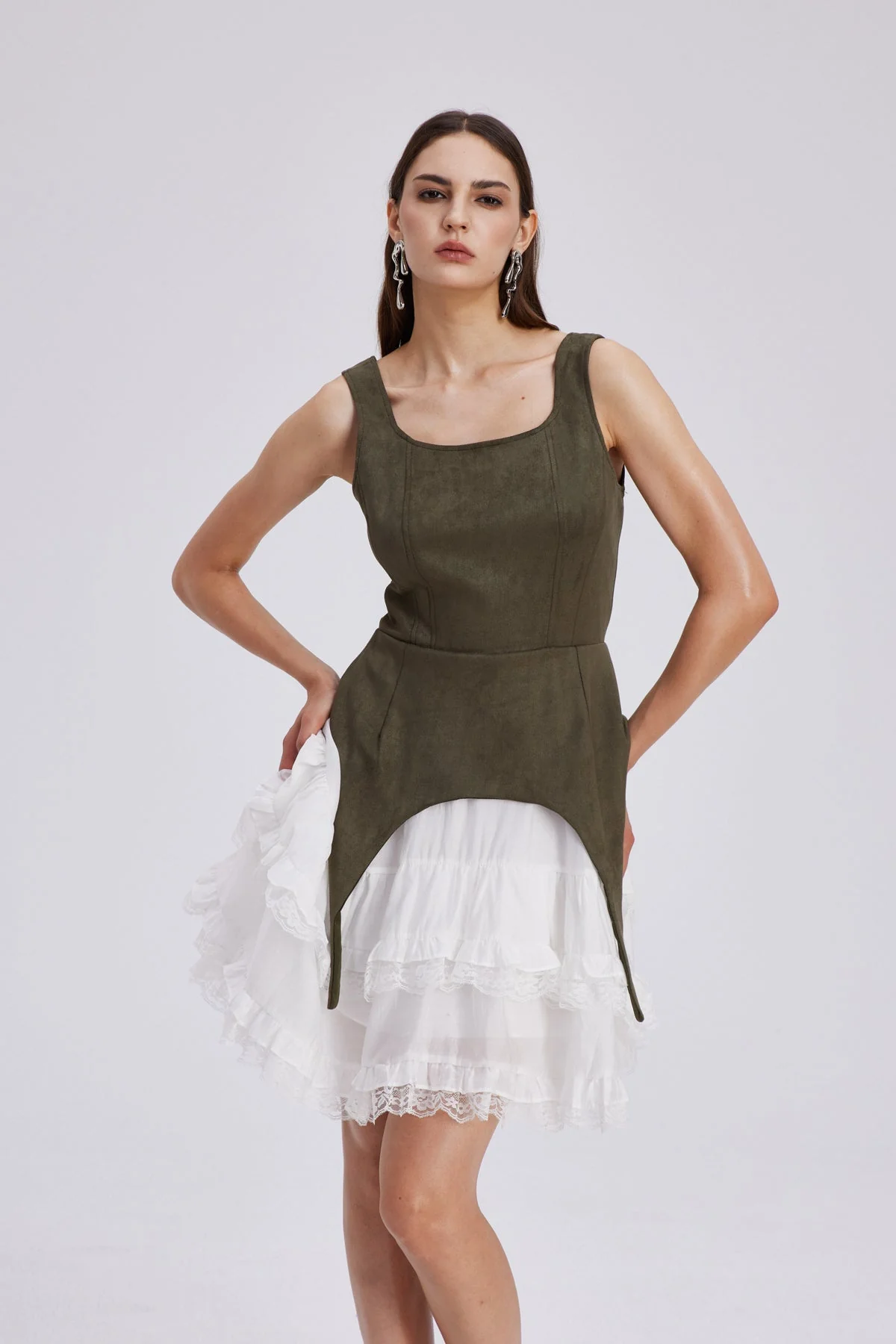 Green Ruffle Lace Sleeveless Mini Dress - Elegant & Modern Style