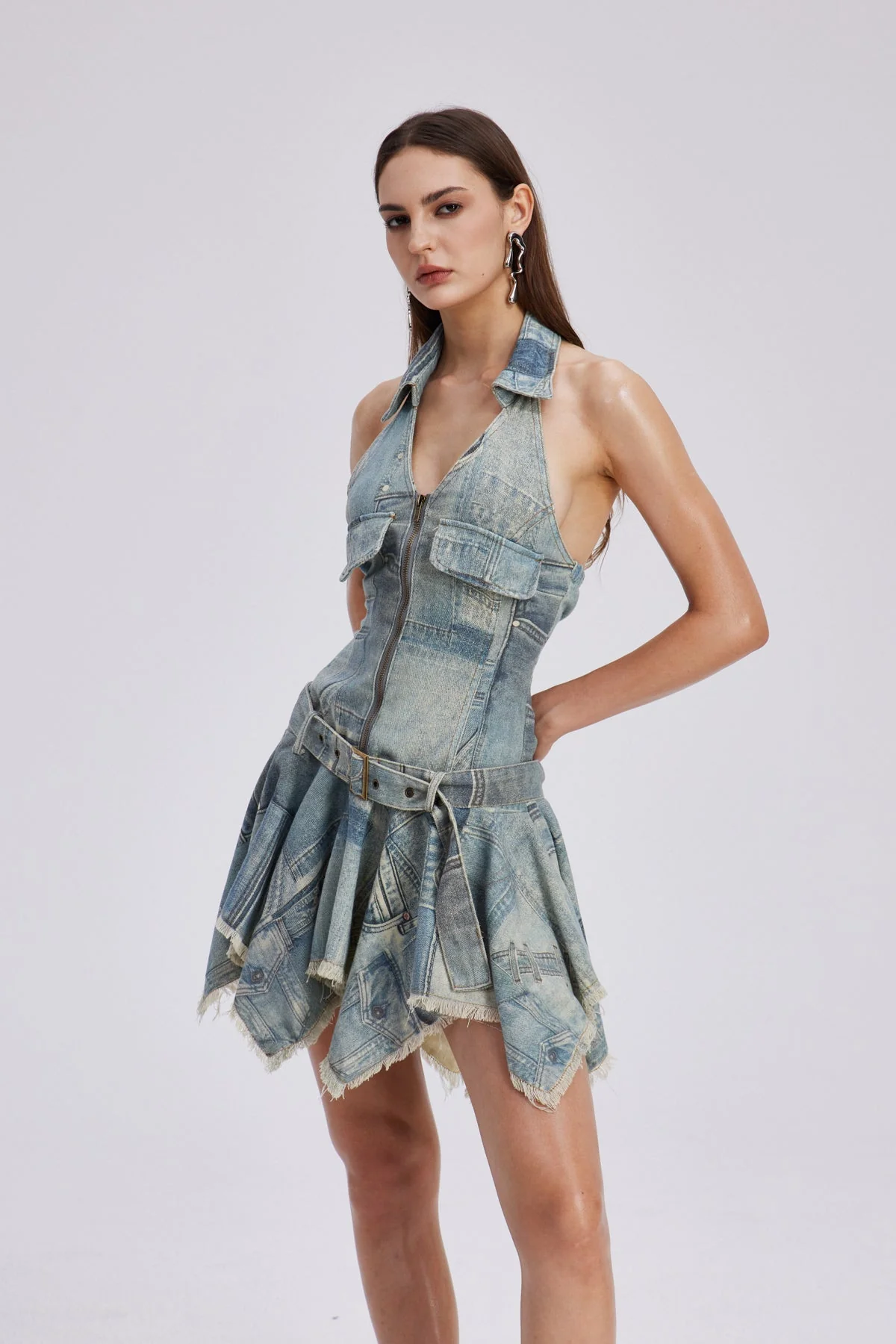 Blue Fringe Halter Neck Printed Mini Dress