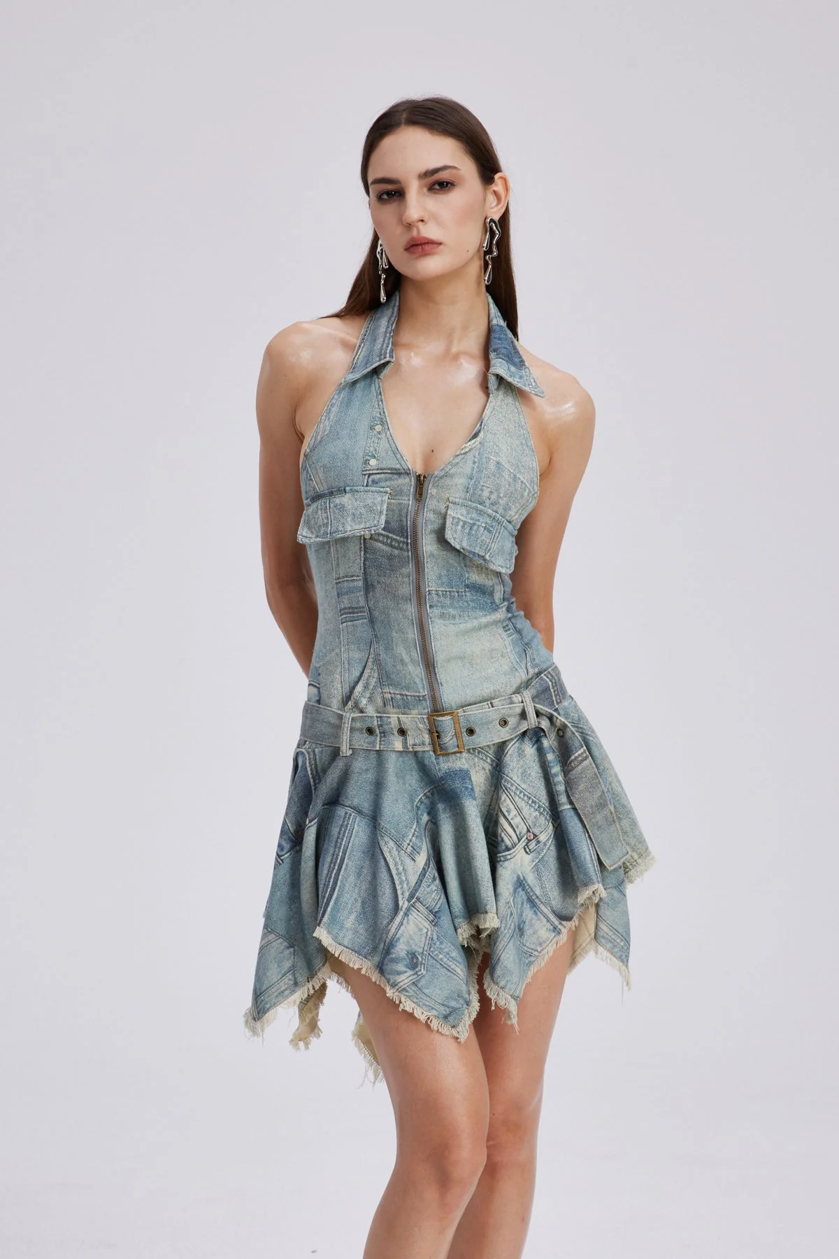 Blue Fringe Halter Neck Printed Mini Dress