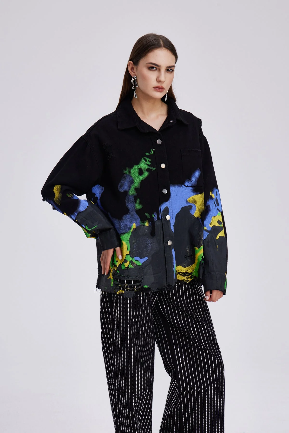 Distressed Print Denim Womens Jacket - Urban Edge Style