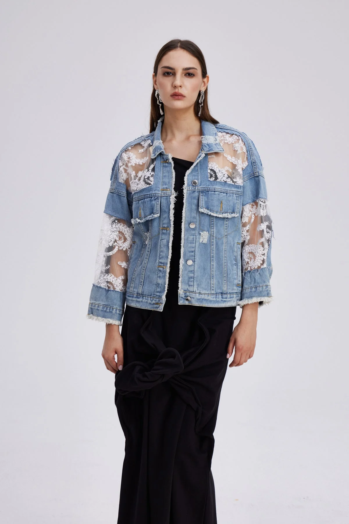 Embroidered Lace Denim Jacket in Blue, Urban Edge Style
