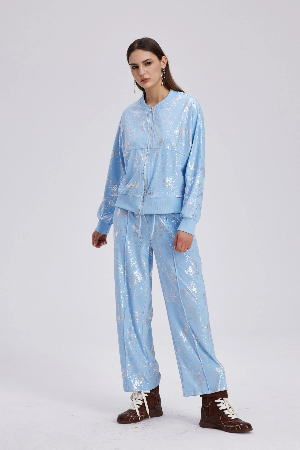 Blue Metallic Print Pants Set