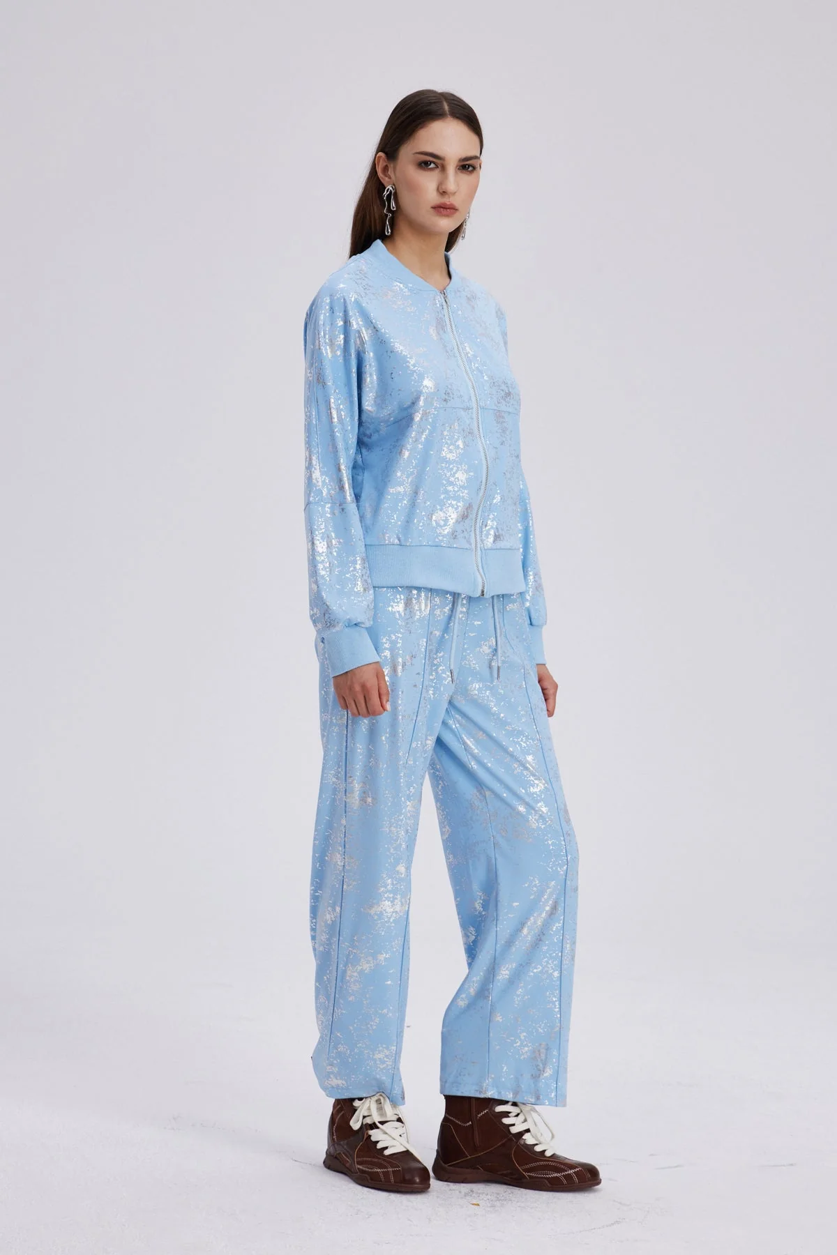 Blue Metallic Print Pants Set