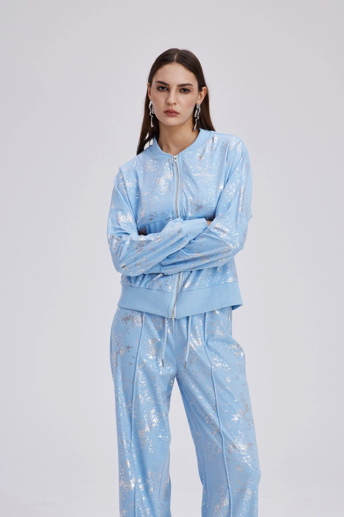 Blue Metallic Print Pants Set