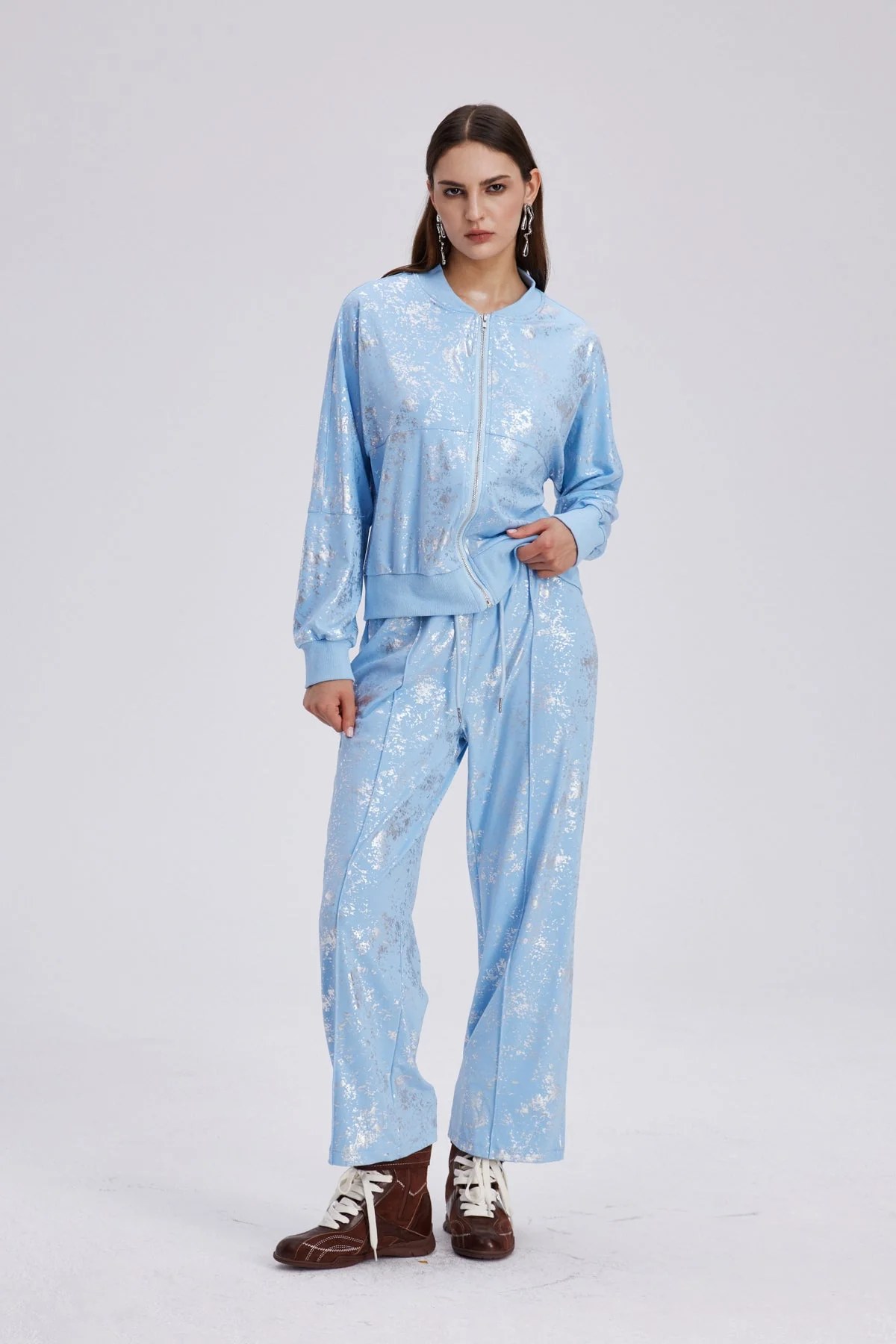 Blue Metallic Print Pants Set