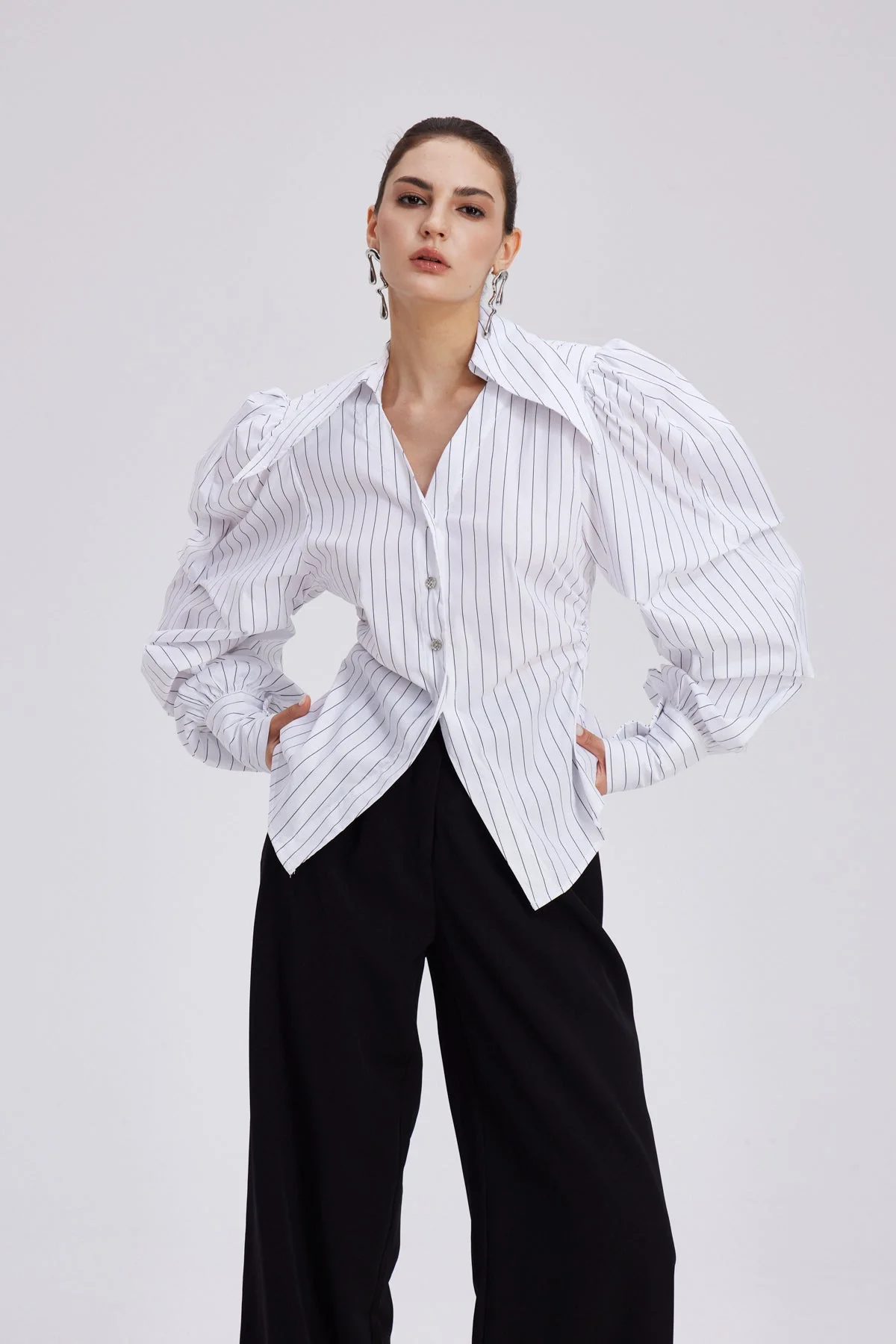 Sophisticated White Striped Ruched Shirt