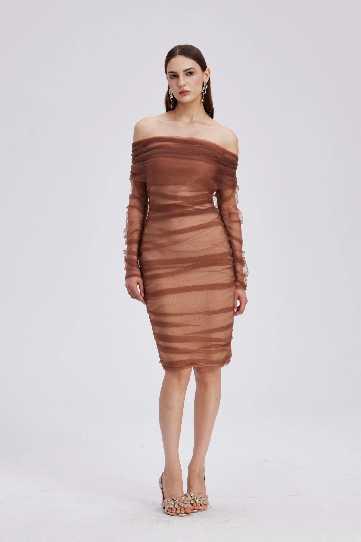 Sleek Brown Mesh Ruch Bandage Midi Dress
