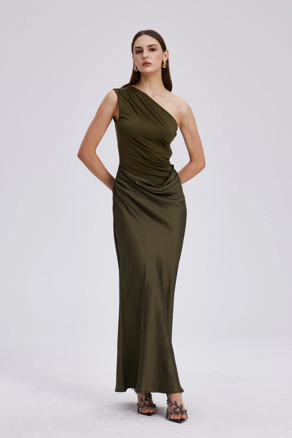 Green Satin One-Shoulder Maxi Dress - Elegant Evening Wear