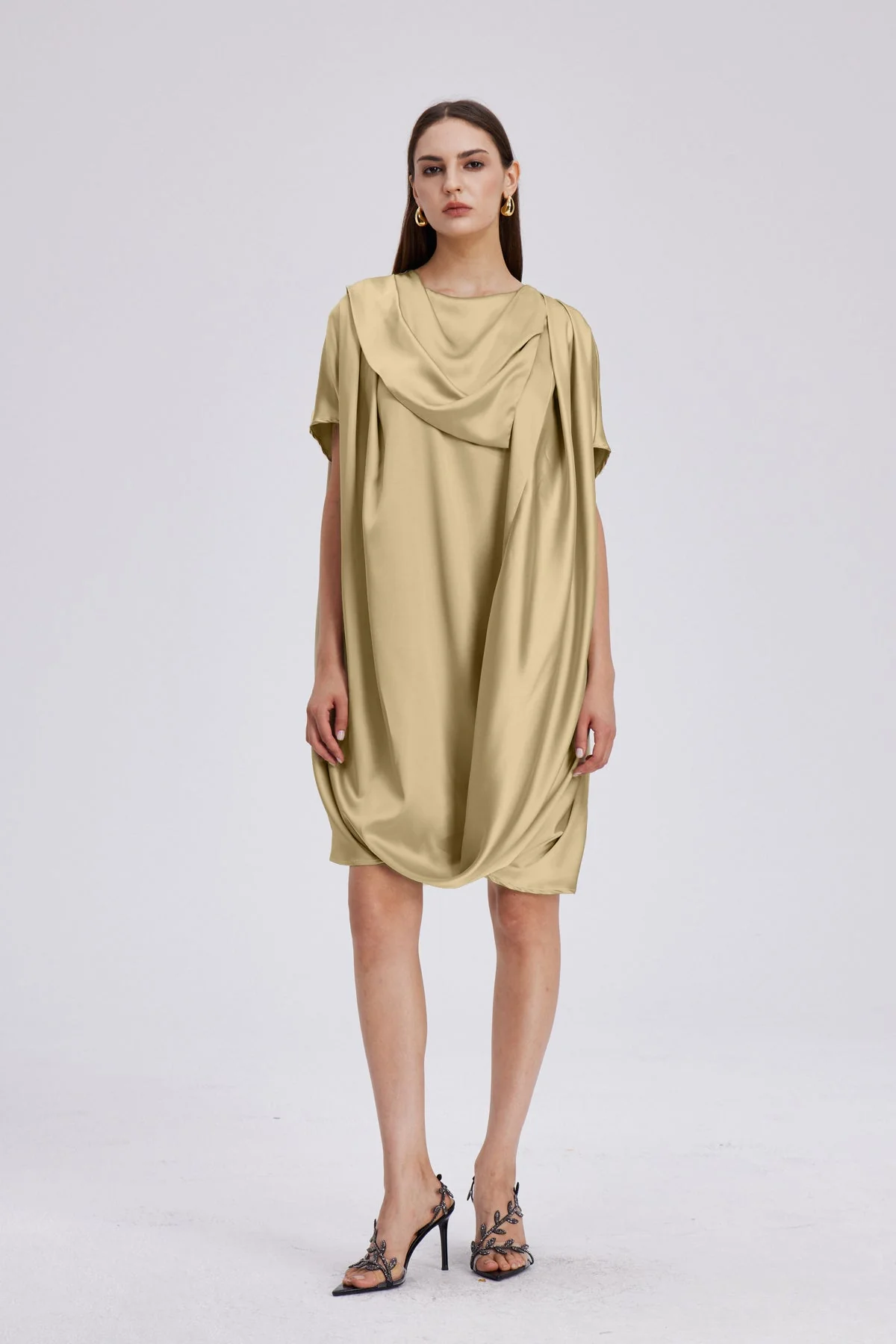 Elegant Golden Satin Mini Dress with Cowl Neck