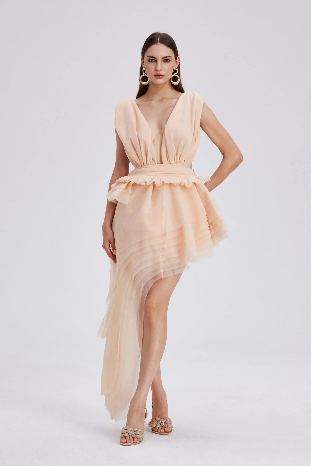 Apricot Mesh Asymmetric Mini Dress - Elegant Silhouette