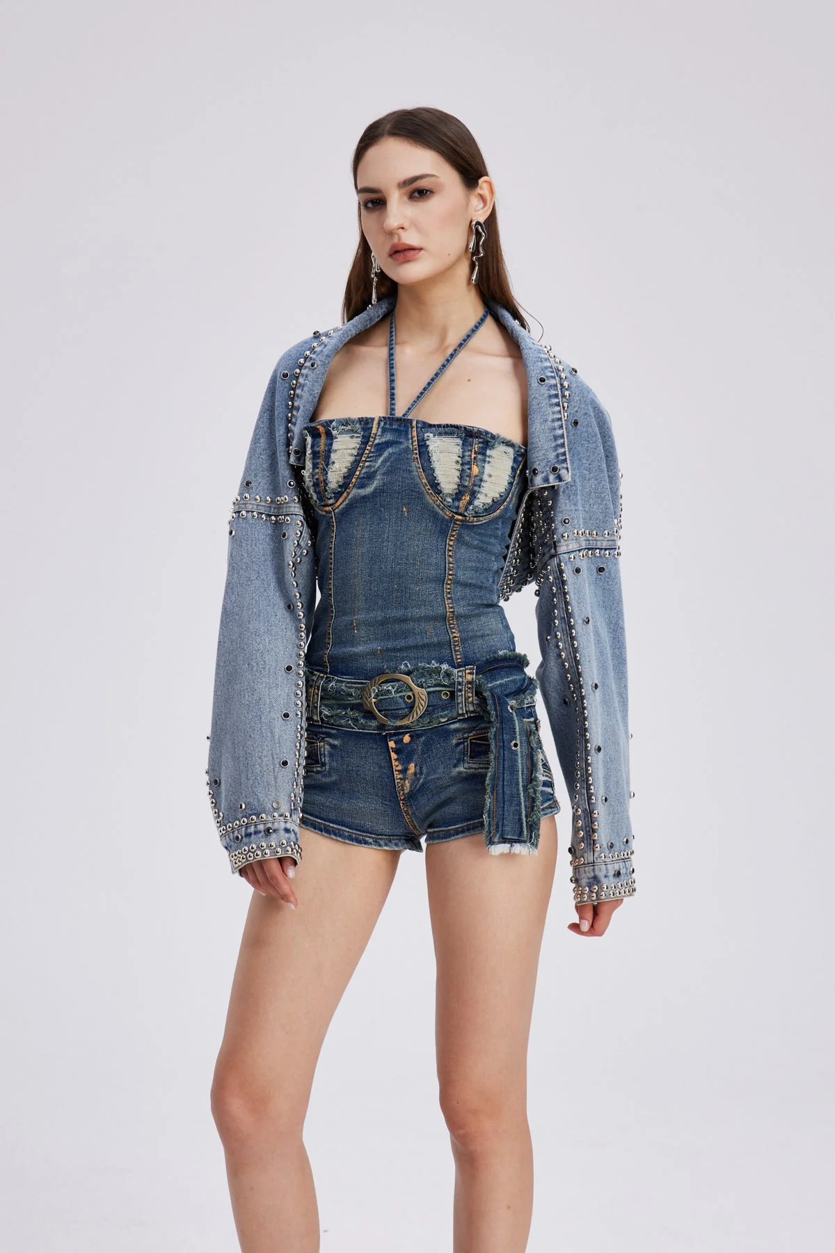 Denim Shawl Collar Jacket with Artisanal Embellishments