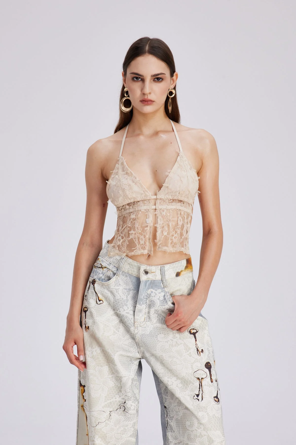 Mesh Backless Top in Apricot for Women