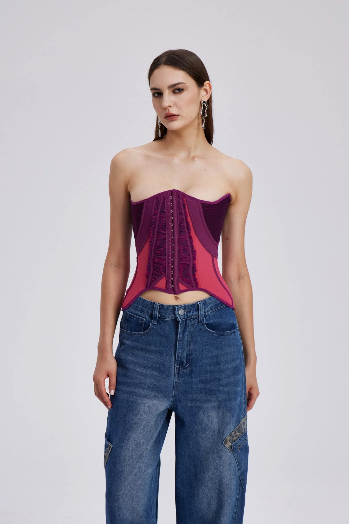 Pink Ruch Strapless Corset Top - Elegant Design for All Occasions